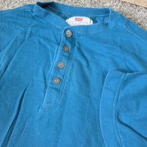 Vintage Levis Mens Large Henley Shirt Short Sleeve Ribbed Teal Blue Cotton 60654